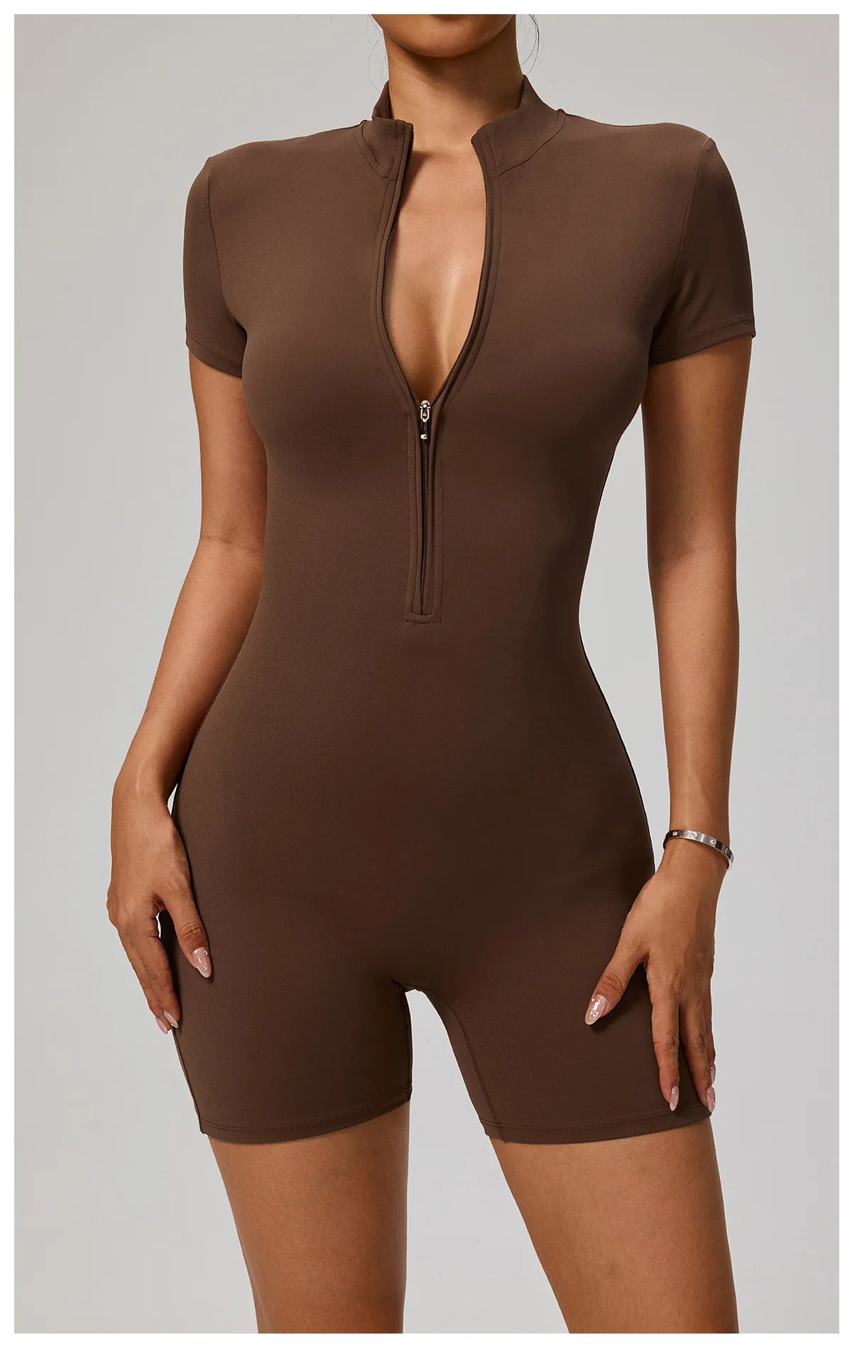 Zipper Front Jumpsuit - Short Sleeve Nylon Workout Set for Gym & Yoga