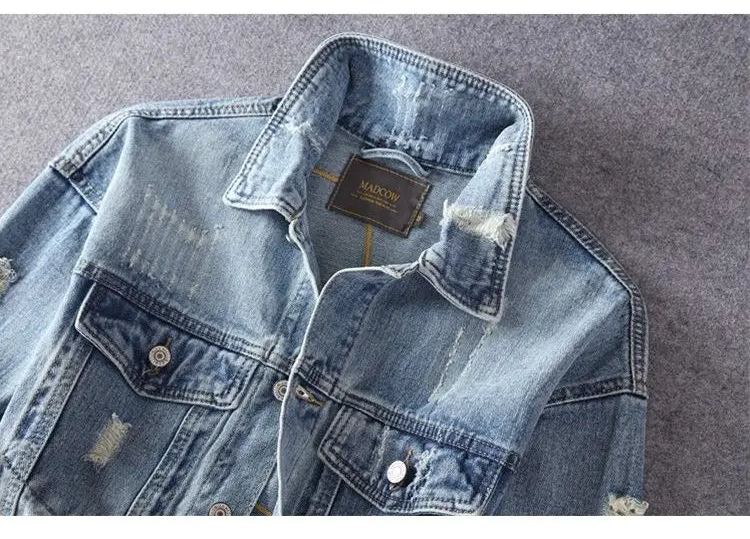 Men's Embroidered Denim Jacket - Retro Ripped Street Style