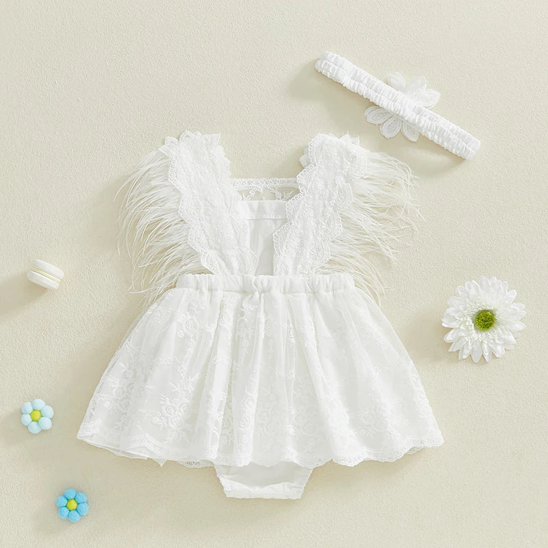 Baby Girls' Floral Embroidery Sleeveless Romper Dress with Headband | 3M–24M
