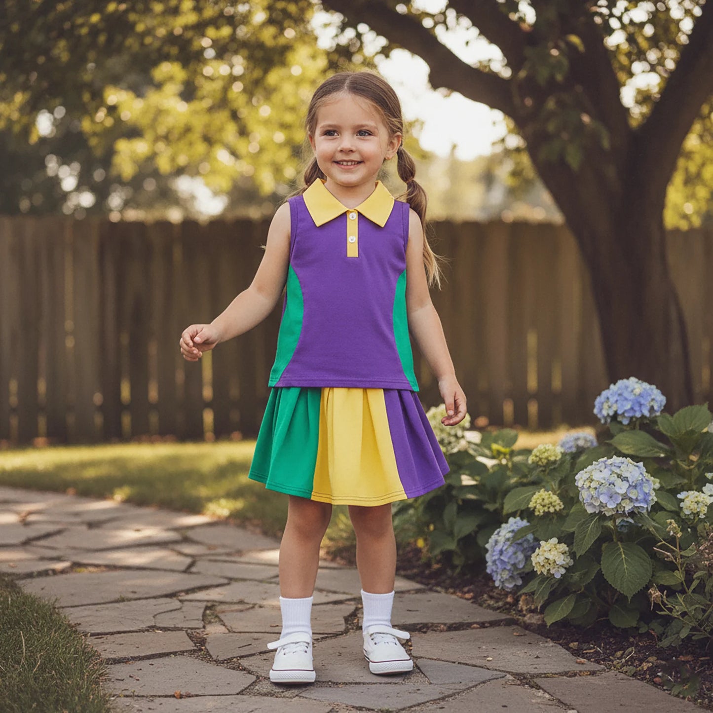 Girls Mardi Gras 2-Piece Outfit - Contrast Lapel Tank Top & Skirt Set