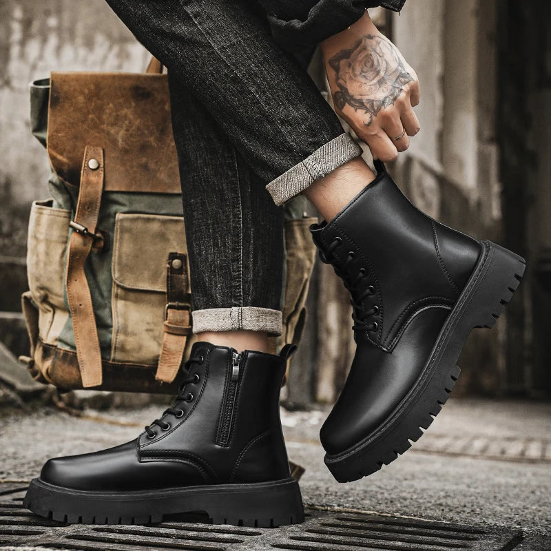 Men's Leather Platform Boots - Thick Sole Motorcycle Sneaker Boots