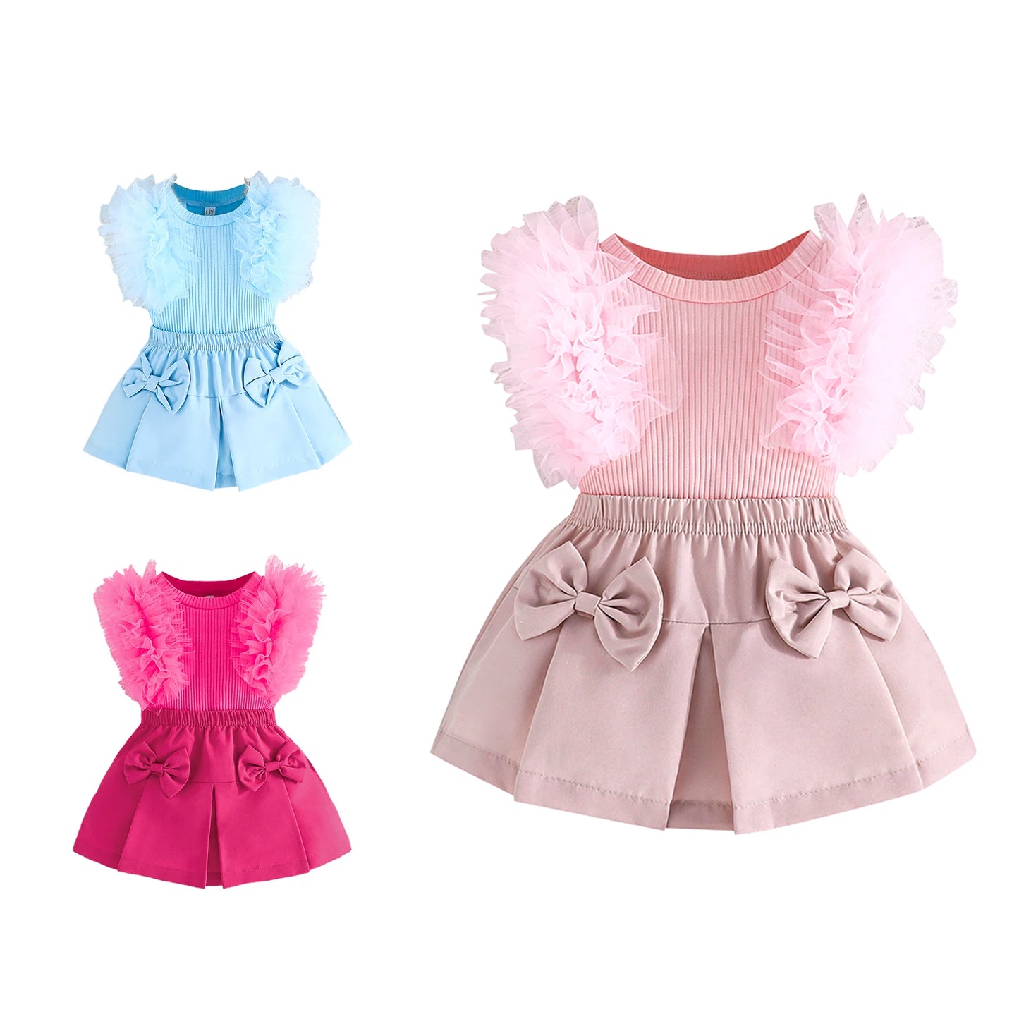 Baby Girls Summer Clothes Set - Tulle Ruffled Tank Top & Bow Pleated Skirt