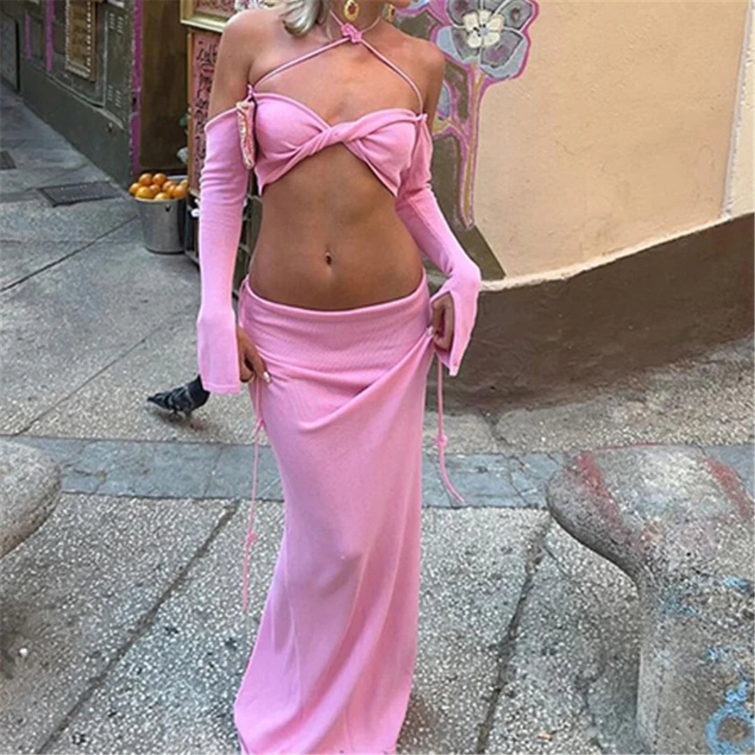 Knit Halter Tube Top & Slit Maxi Skirt Two-Piece Set