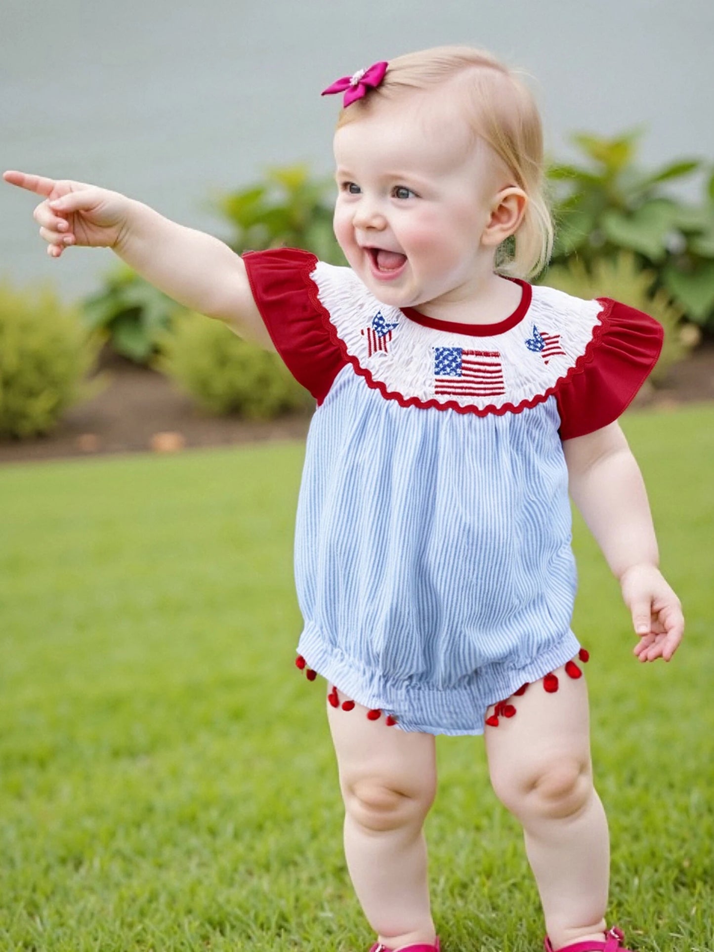Baby Girls Summer Romper - Ruffles Tassel Flutter Sleeve Striped Flag Embroidery (0-18M)
