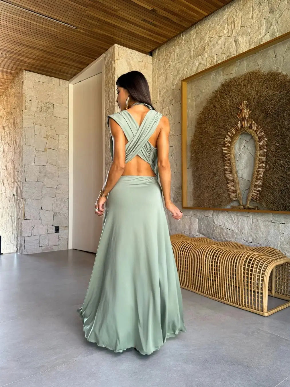Women's Chiffon Metallic Cut-Out Dress - V-Neck Backless Halter with Ruched Detail