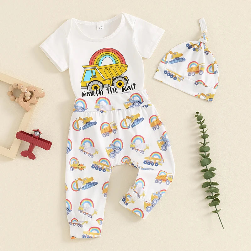 0-18M 3pcs Baby Boys Western Clothes Set - Cow/Cartoon Letter Print Short Sleeve Romper with Pants and Hat