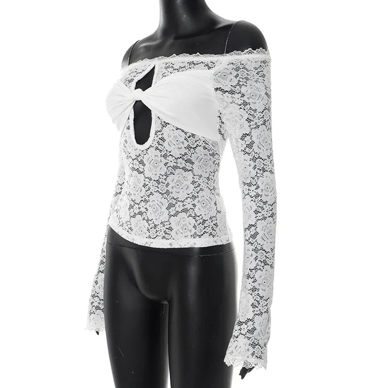 Women's Cut Out Lace Long Sleeve Top - Off Shoulder White Twist Front