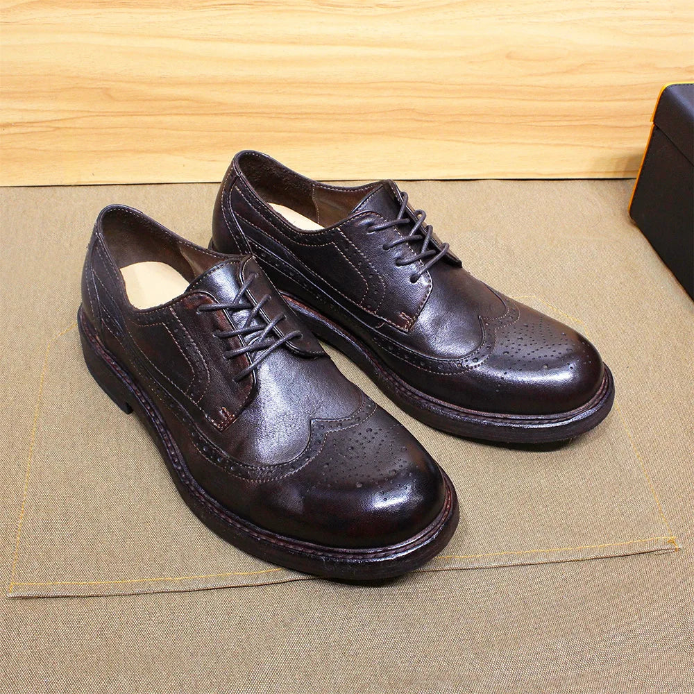 Handmade Stitched Derby Dress Shoes - Soft Calfskin Leather Wingtip Brogue