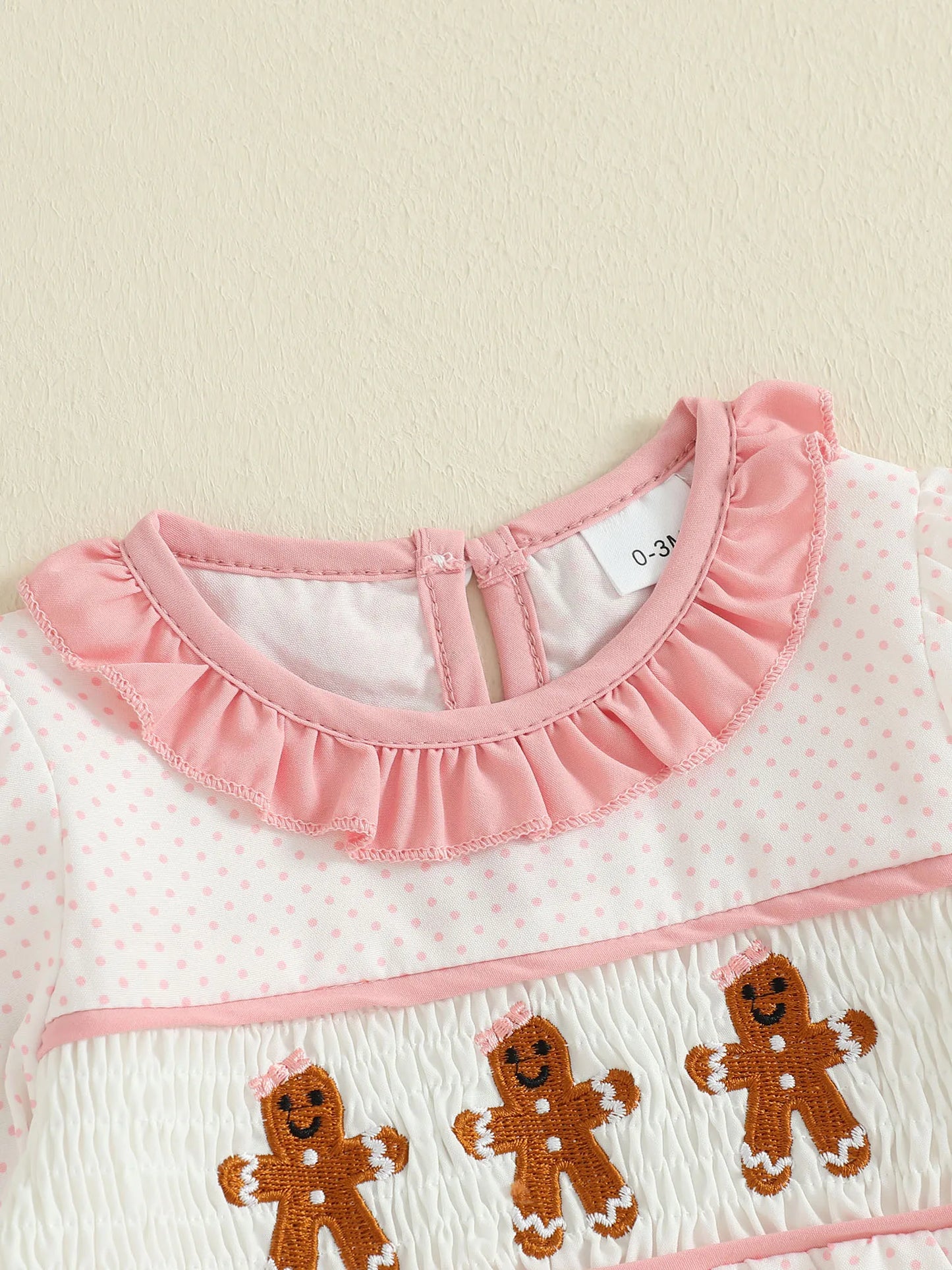 Baby Girls' Christmas Romper - Santa & Gingerbread Embroidery Smocked Long Sleeve Jumpsuit