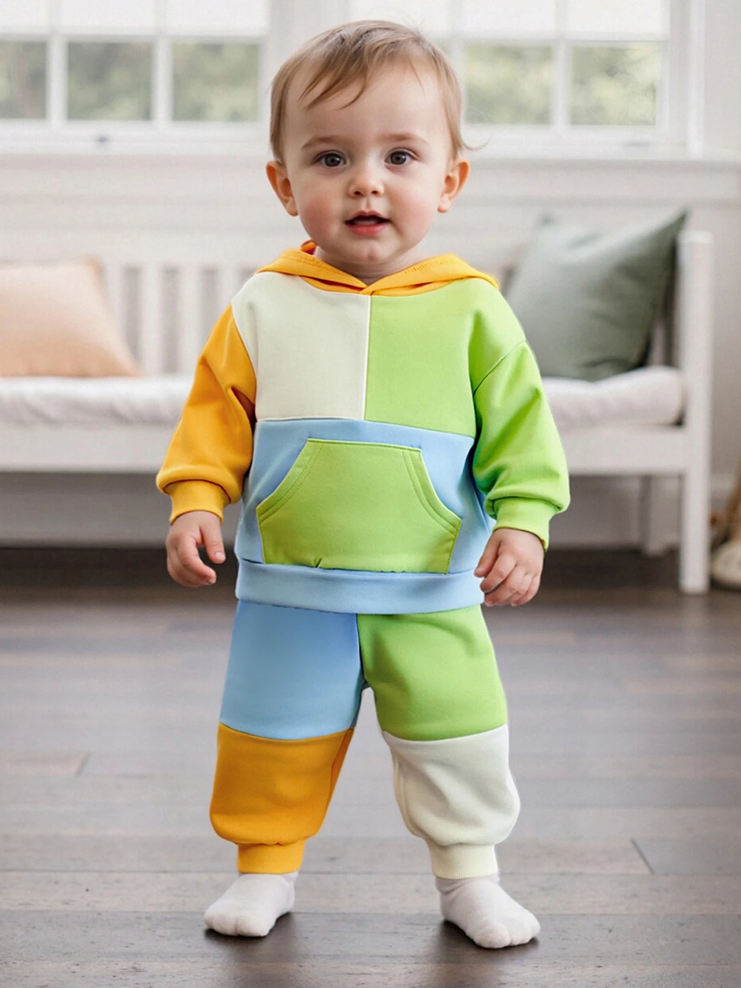 Kids Patchwork Hoodie and Pants Set - Casual Long Sleeve 2-Piece Outfit for Autumn Winter