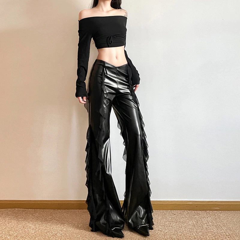 Women's Mesh Splicing PU Flare High Waist Slim Fit Black Long Trousers