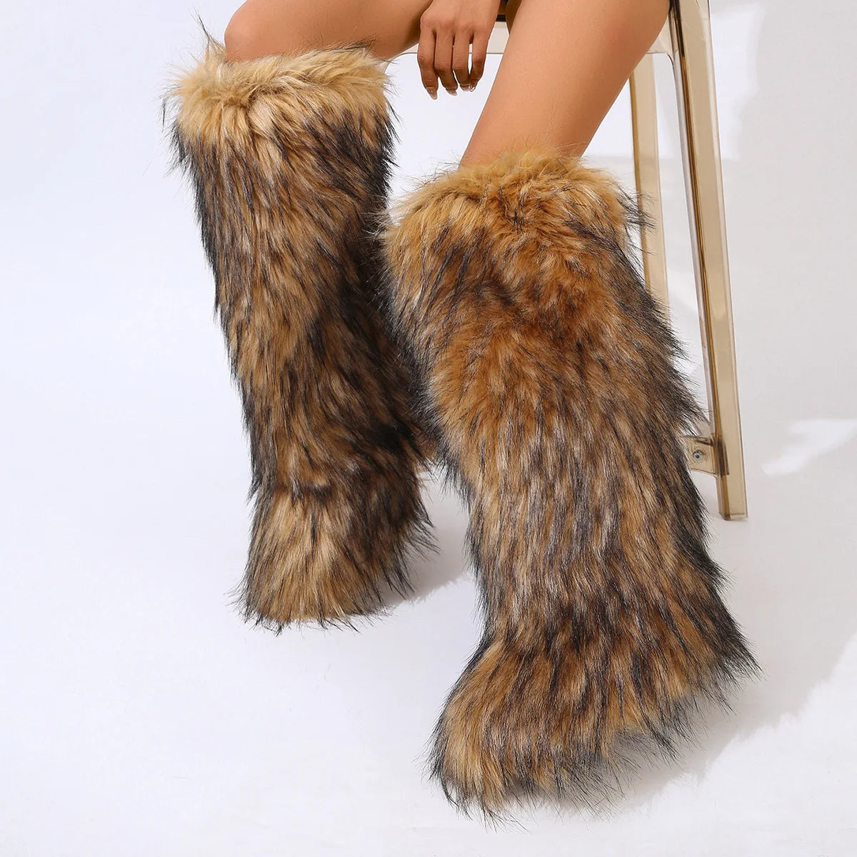 Women's Winter Thigh High Fluffy Plush Knee High Fur Faux Boots