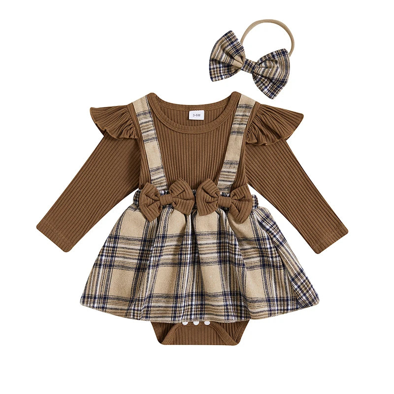 0-18M  Baby Girls  Romper Dress Long Sleeve Round Neck Plaid Print Patchwork Bow Jumpsuits with Headband