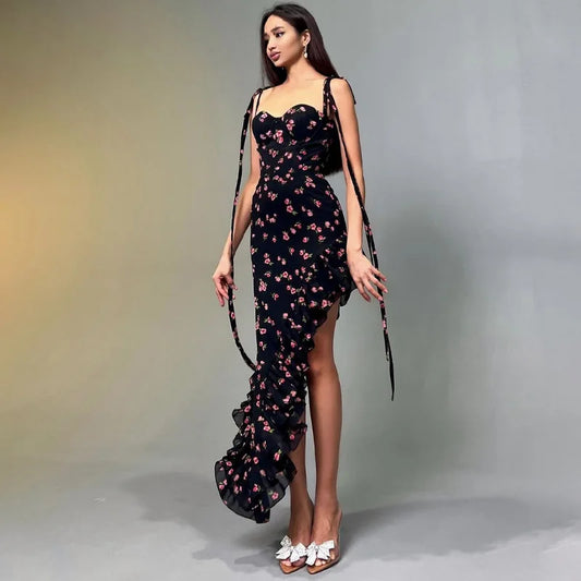 Women's Floral Slit Spaghetti Strap Ruffle Long Dress