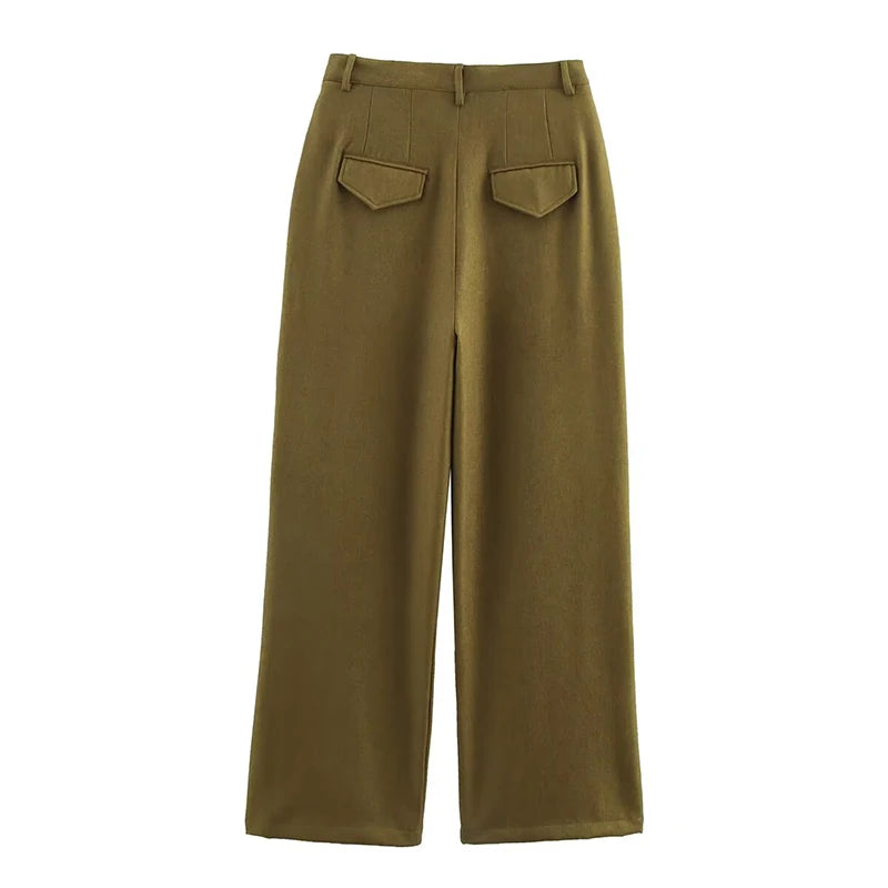 Olive Green Pleated Pants - Mid-Rise Waist Pocket Loose Casual Trousers