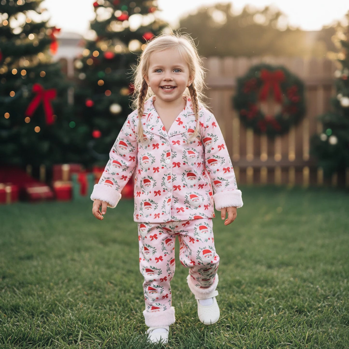Toddler Girls Christmas Pajamas Set - Santa Claus Bow Print Long Sleeve Top & Pants 1-5Y