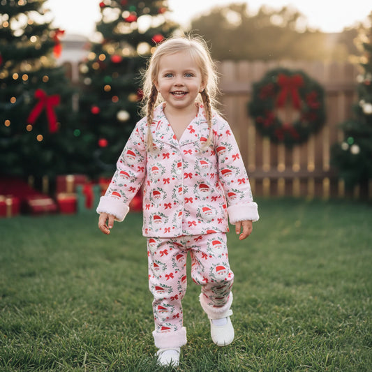 Toddler Girls Christmas Pajamas Set - Santa Claus Bow Print Long Sleeve Top & Pants 1-5Y