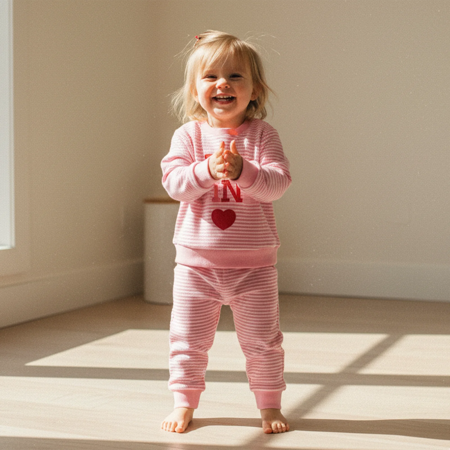 Baby Girls Valentine's Day Striped Heart Embroidery Long Sleeve Pullover and Pants Set