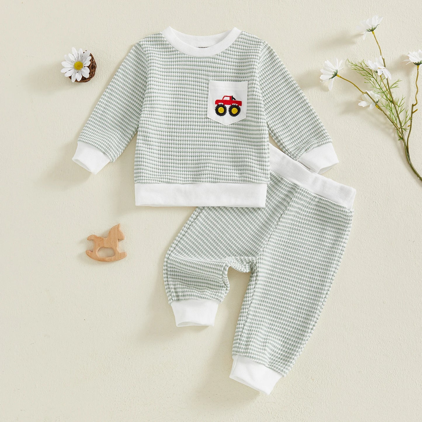 Baby Boy's Outfit Set - Duck/Truck Embroidered Striped Sweatshirt & Pants