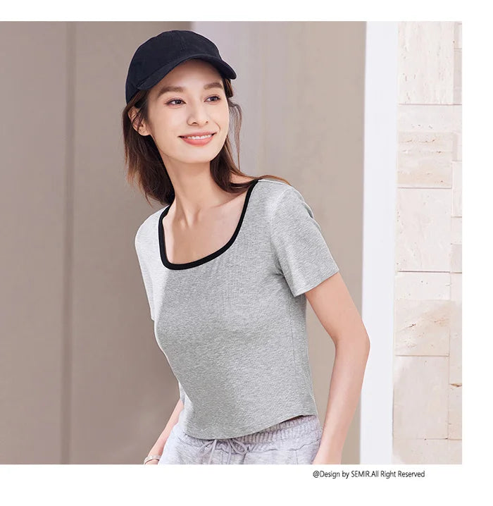Women's Square Neck Short-Sleeved Slim Fit Top - Versatile Layering Piece