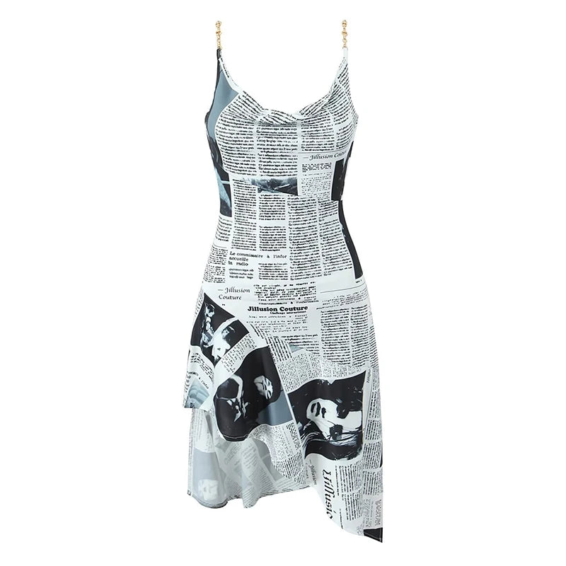 Newspaper Print Sling Dress - Backless Chain Strap Dress