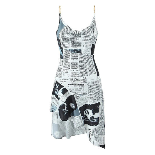 Newspaper Print Sling Dress - Backless Chain Strap Dress