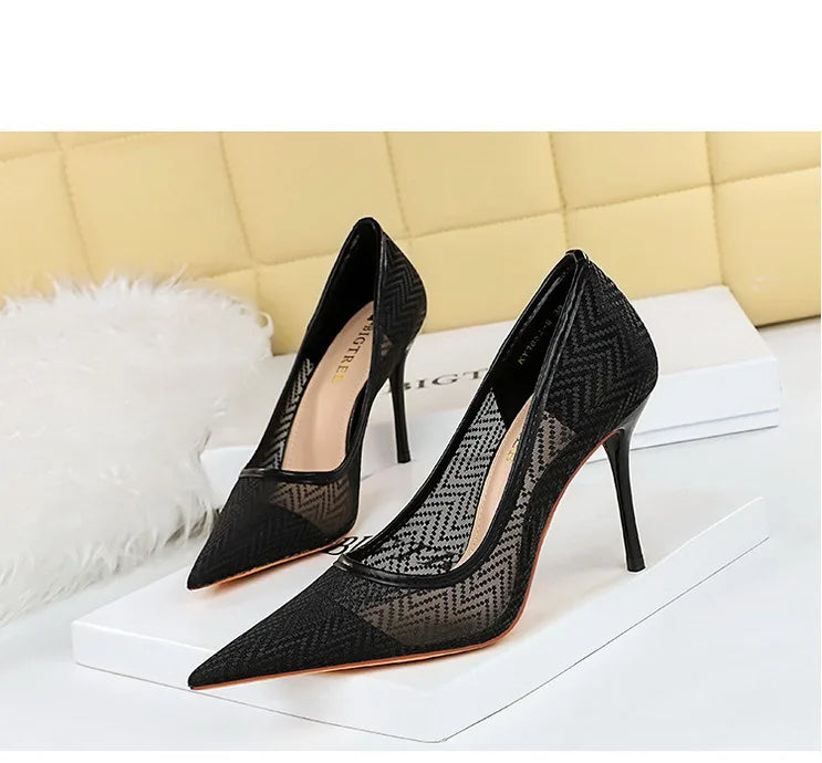 Women's Mesh Hollow Lace  Stiletto High Heels Shoes