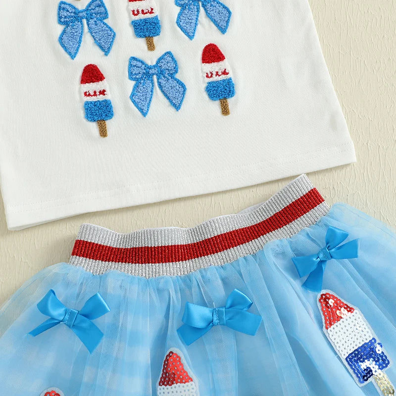 0-6Y Kids Girls American Flag Clothes Sets Bow Embroidery Short Sleeve T Shirt Mesh Lace Skirt Headband