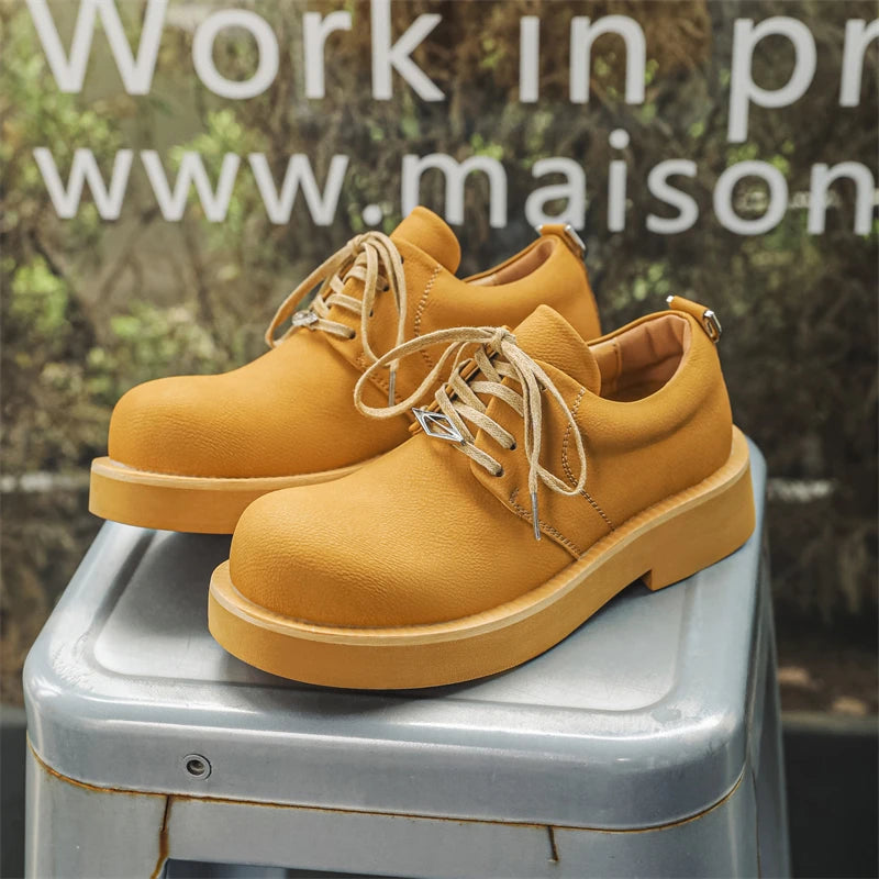 Men's Platform Leather Sneakers - Lace-Up Work Shoes