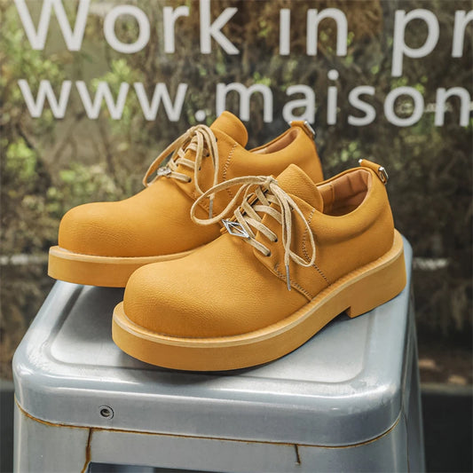 Men's Platform Leather Sneakers - Lace-Up Work Shoes