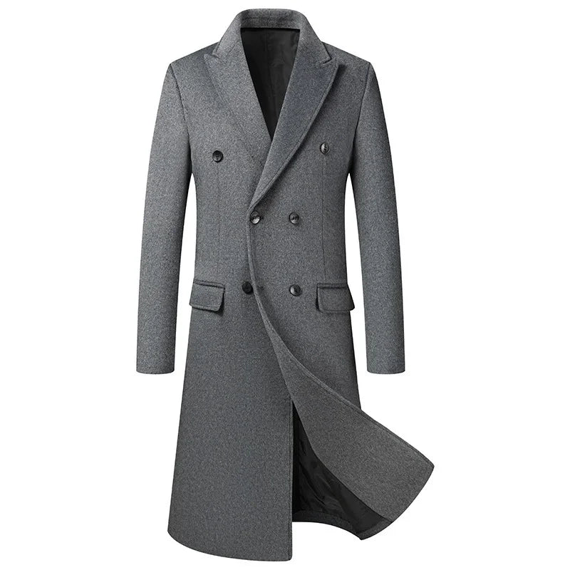 Men's Double Breasted Wool Blend Trench Coat - Smart Casual Winter Outerwear