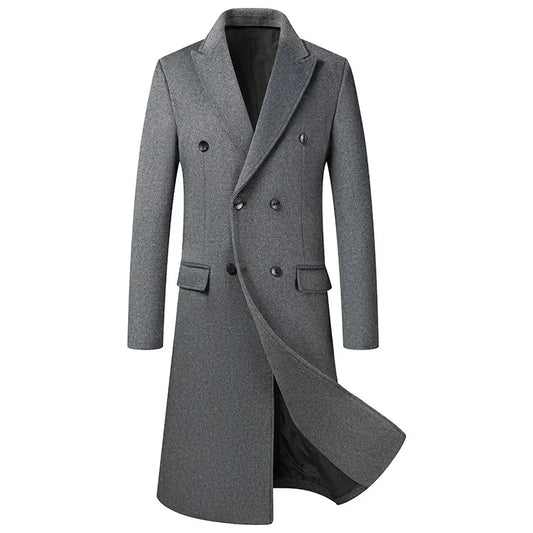 Men's Double Breasted Wool Blend Trench Coat - Smart Casual Winter Outerwear