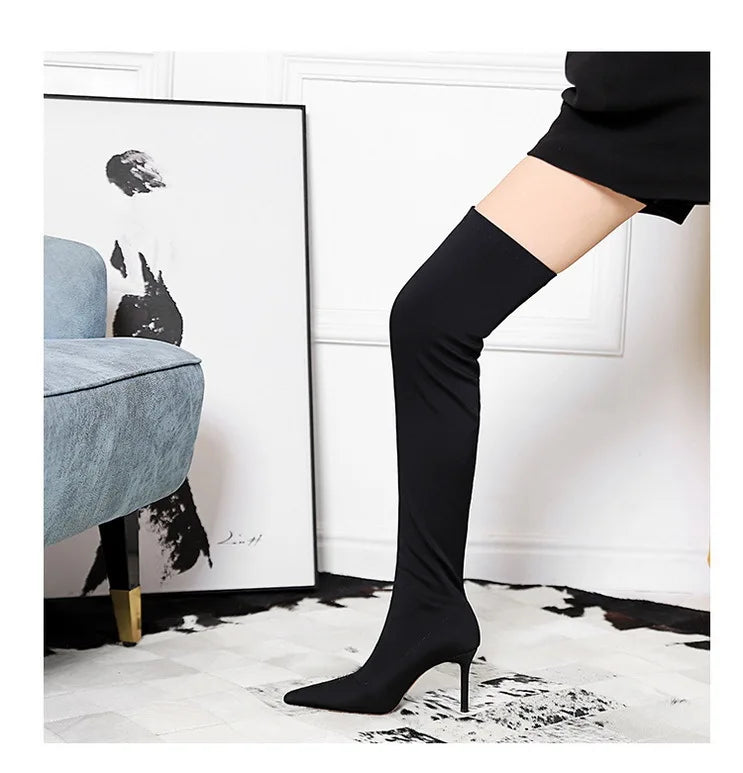 Satin Over-the-Knee Boots - Pointed Toe High Heel Elastic Autumn Winter Boots