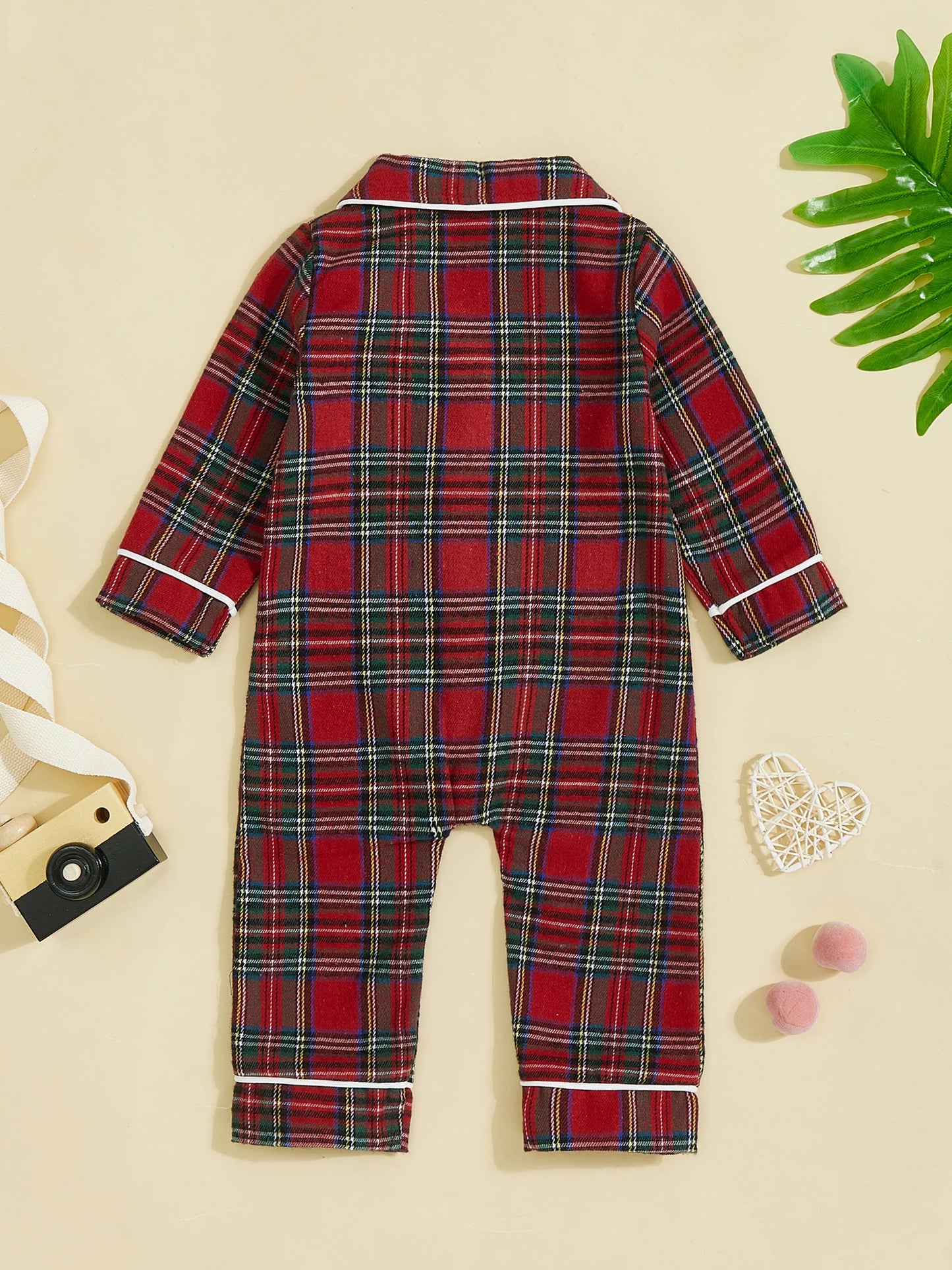 Baby Plaid Pajama Romper - Turn Down Collar Long Sleeve Bodysuit