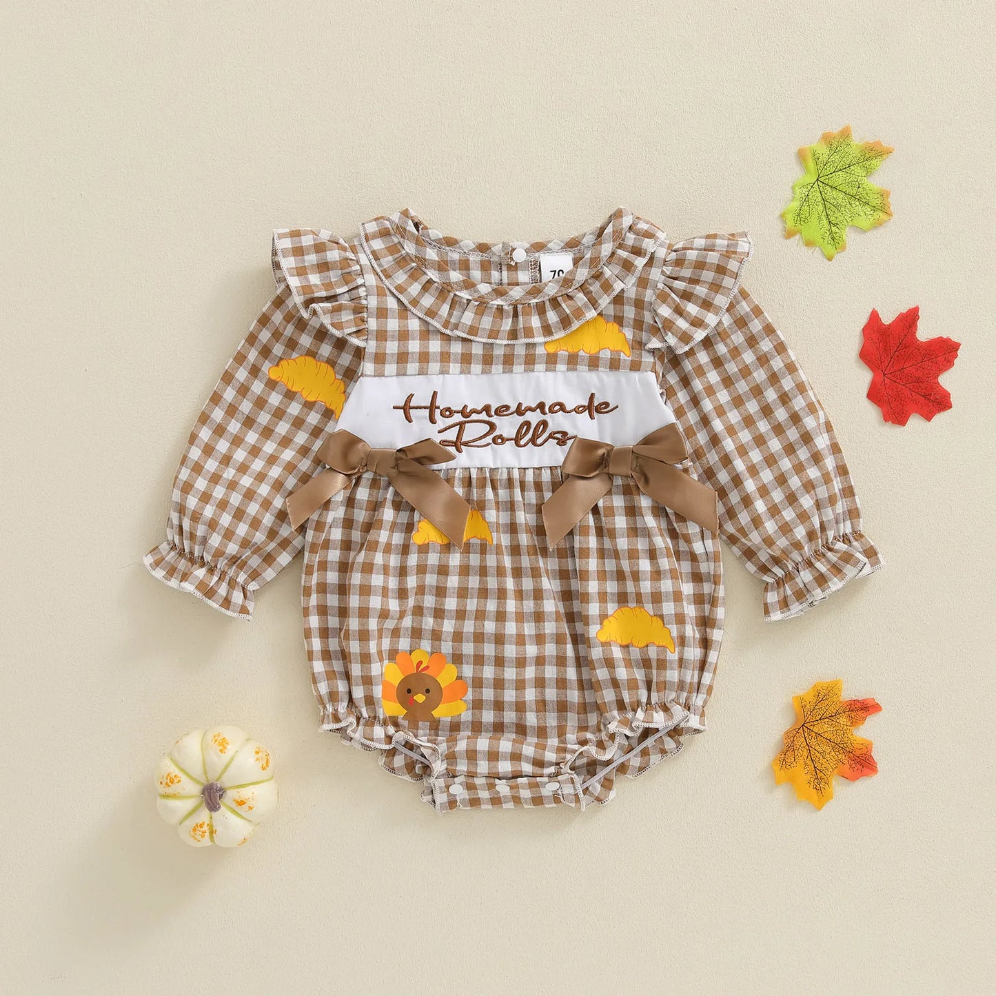 Baby Thanksgiving Romper - Long Sleeve Plaid Print Turkey Embroidery Bubble Jumpsuit