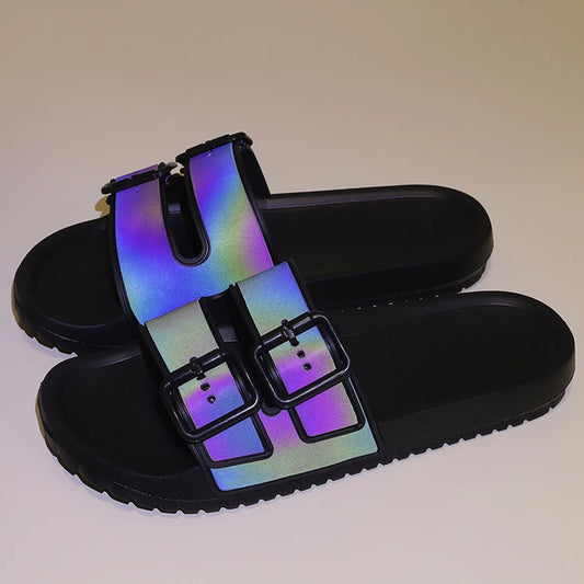 Men's Summer Slippers Laser Reflection Sandals Buckle Design Beach Slippers