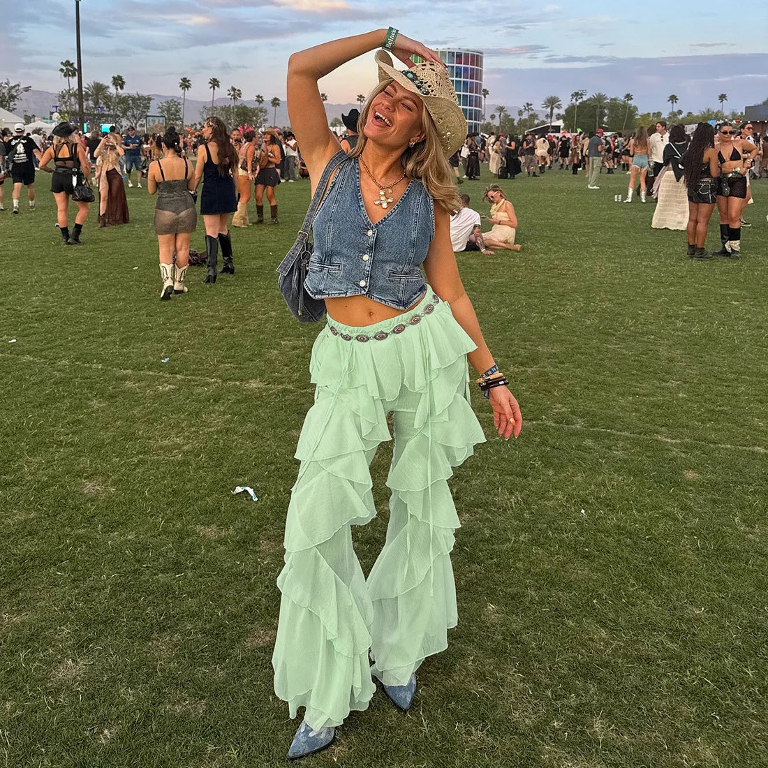 Women's Ruffled Tie Detail Flared Pants - Mesh Sheer Stretch Trousers