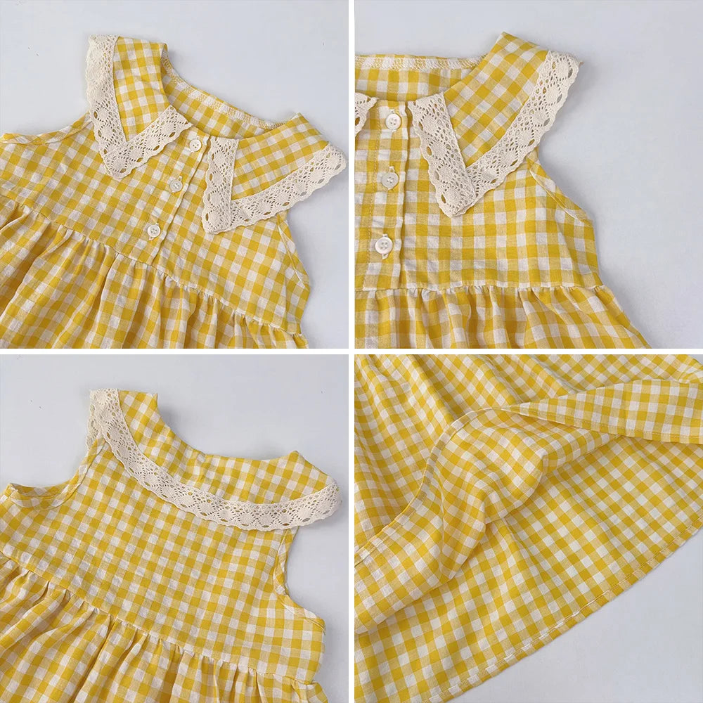 Girl's Lace Lapel Princess Sleeveless Plaid Print Dress