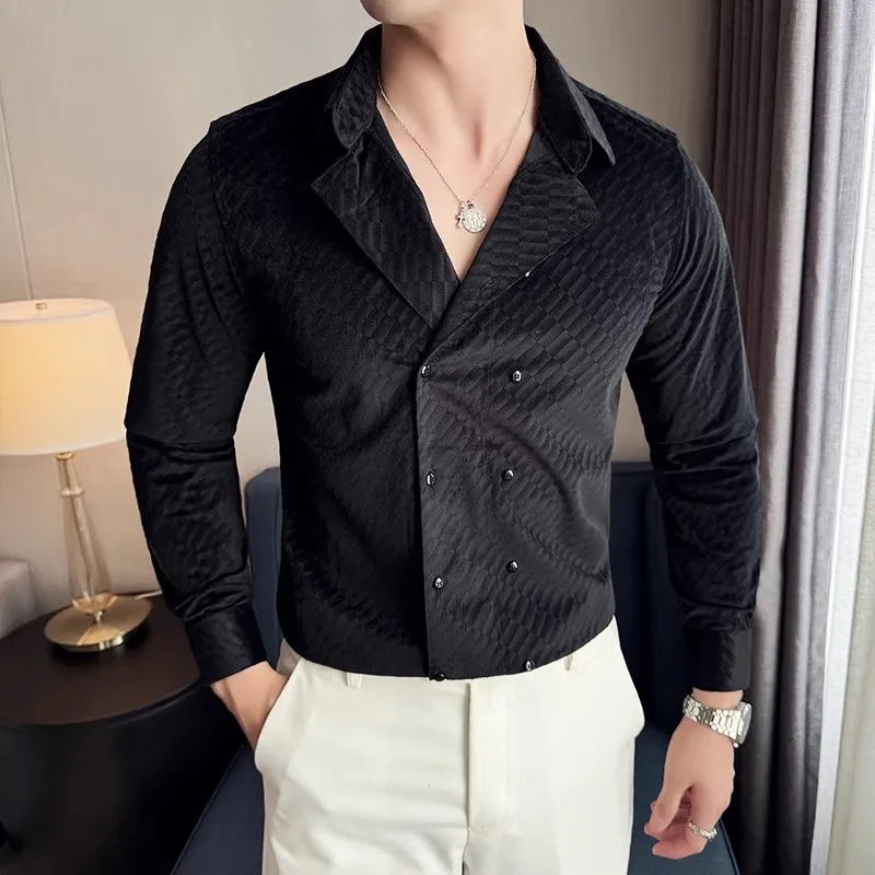 Men's Long Sleeve Turn Down Collar Double Breasted Shirt