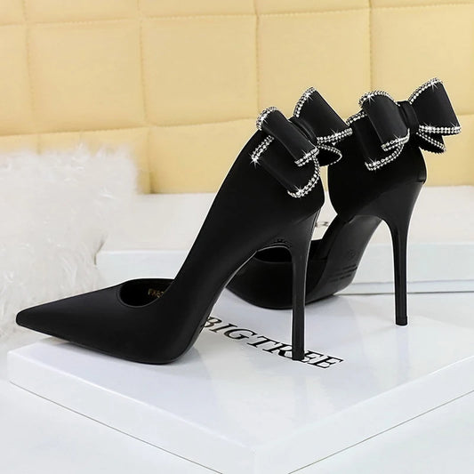 Women's Rhinestone Back Bowknot Pumps Silks Satins High Heels Stilettos Shoes