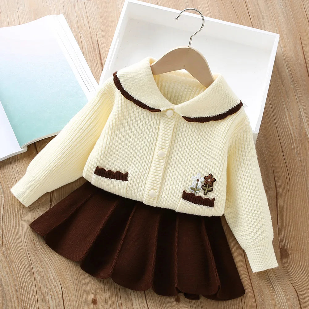 Girl's Clothes Collar Embroidery Flower Knit Cardigan Sweater and Short Skirt Two-piece Set