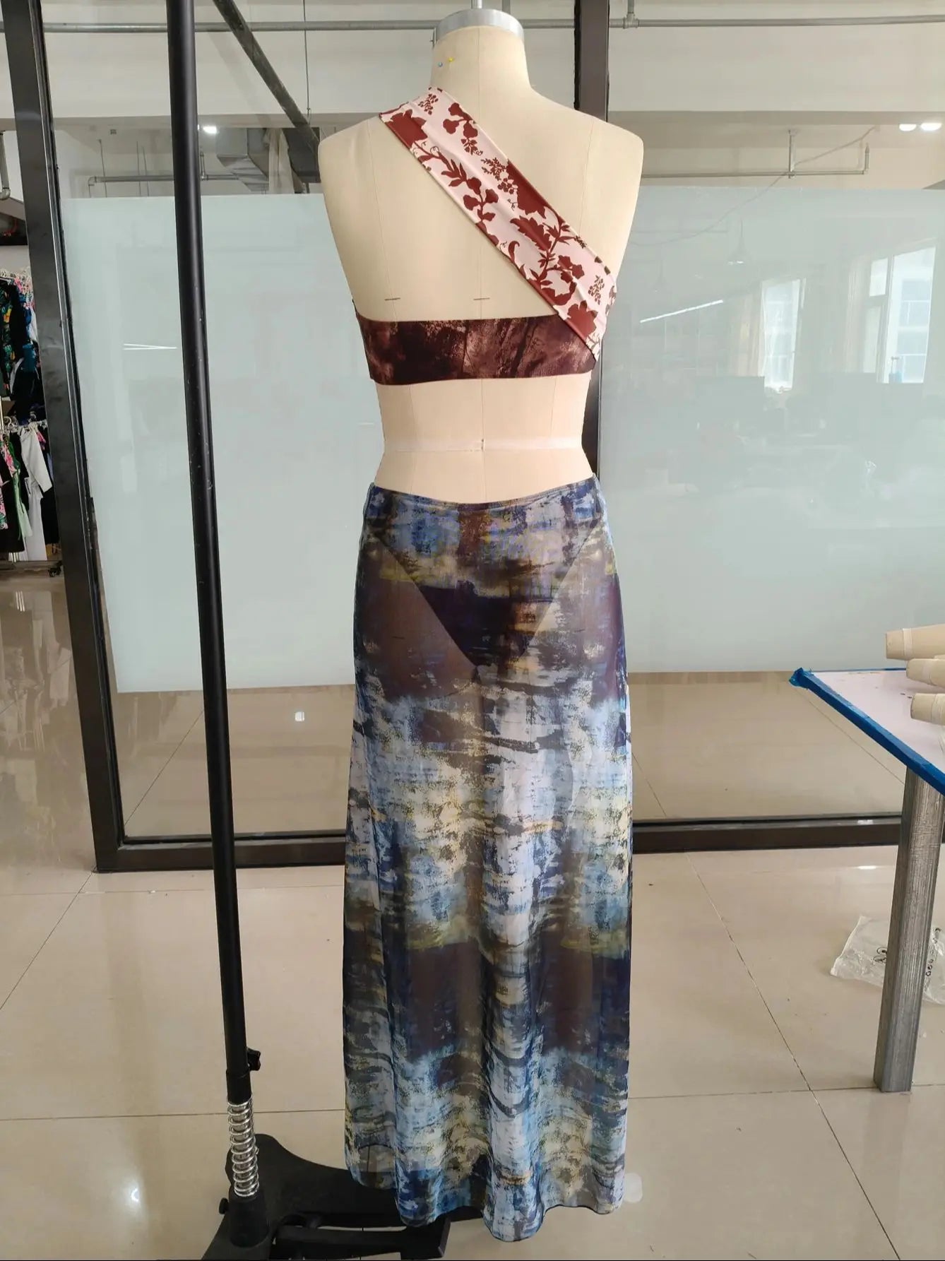 Women's Mesh Cut Out Maxi Dress - Ruched Print Beach Cover Up