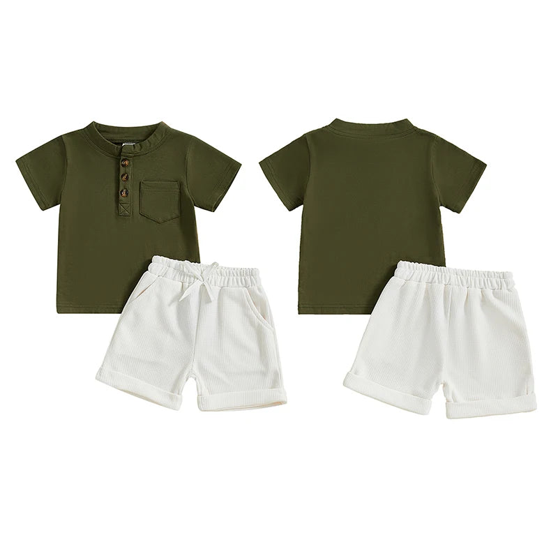 Casual Summer Baby Boys Button-Up Outfit Set - Round-Neck Top & Solid Color Shorts (0-4Y)