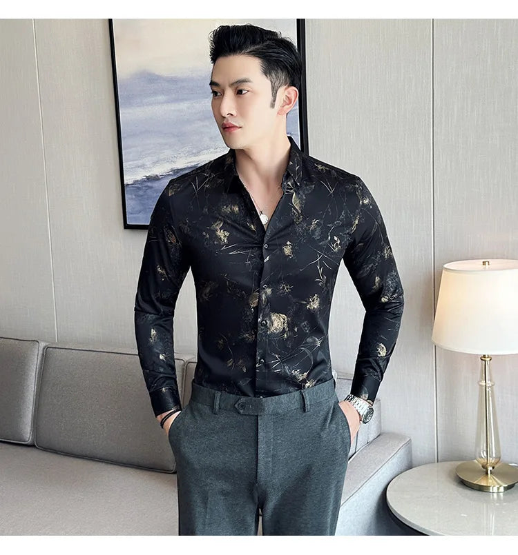 Men's Print Shirt - Slim Fit Long Sleeve Turn Down Collar Shirt