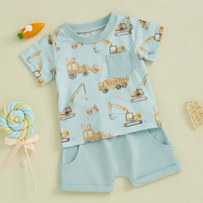 Boys' Excavator Print Summer Outfit Set - Short Sleeve Top with Elastic Waist Shorts