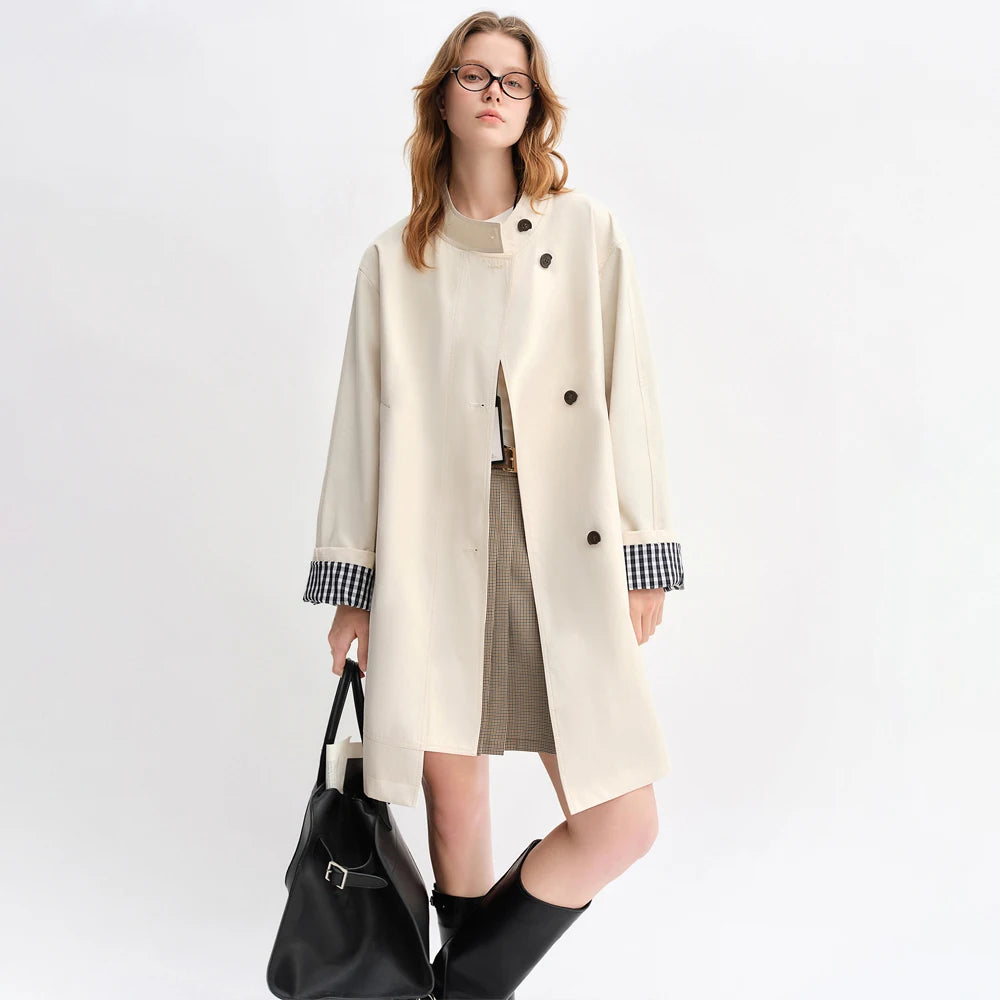 Stand Collar Trench Coat - Plaid Patchwork Relaxed Fit Windbreaker