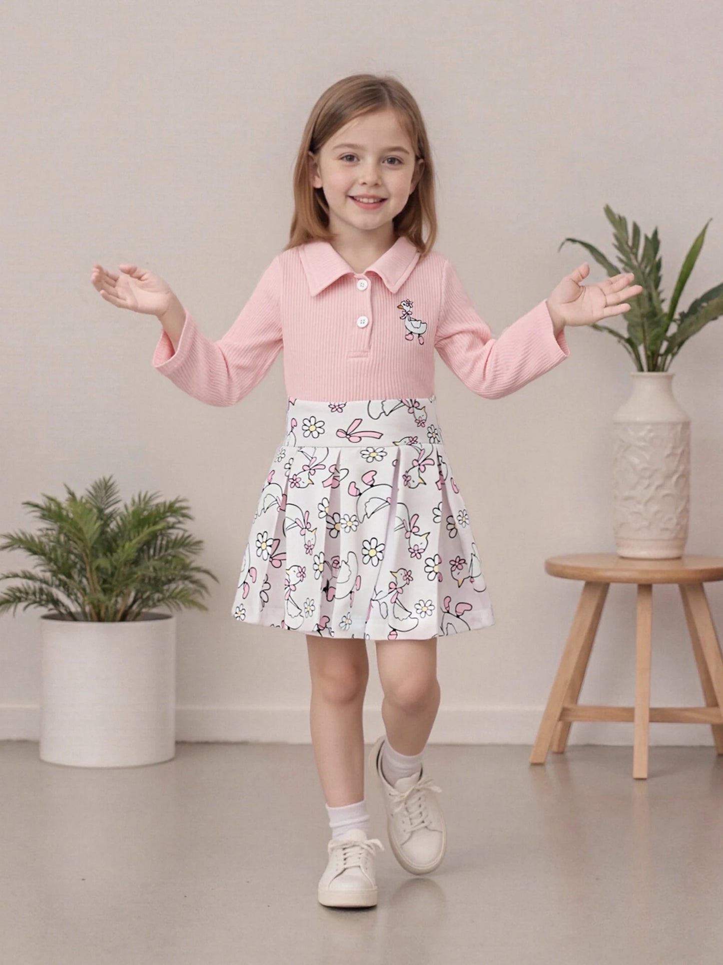 Baby Girls Animal Embroidery Outfit Set - Long Sleeve Top & Floral Print Skirt (0-4Y)
