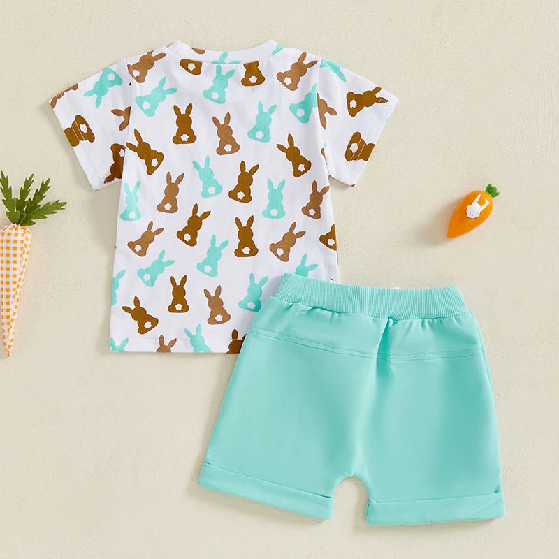 Toddler Baby Boys' Easter Outfit Set - Rabbit Print Short Sleeve T-Shirt & Shorts with Pockets 2pcs