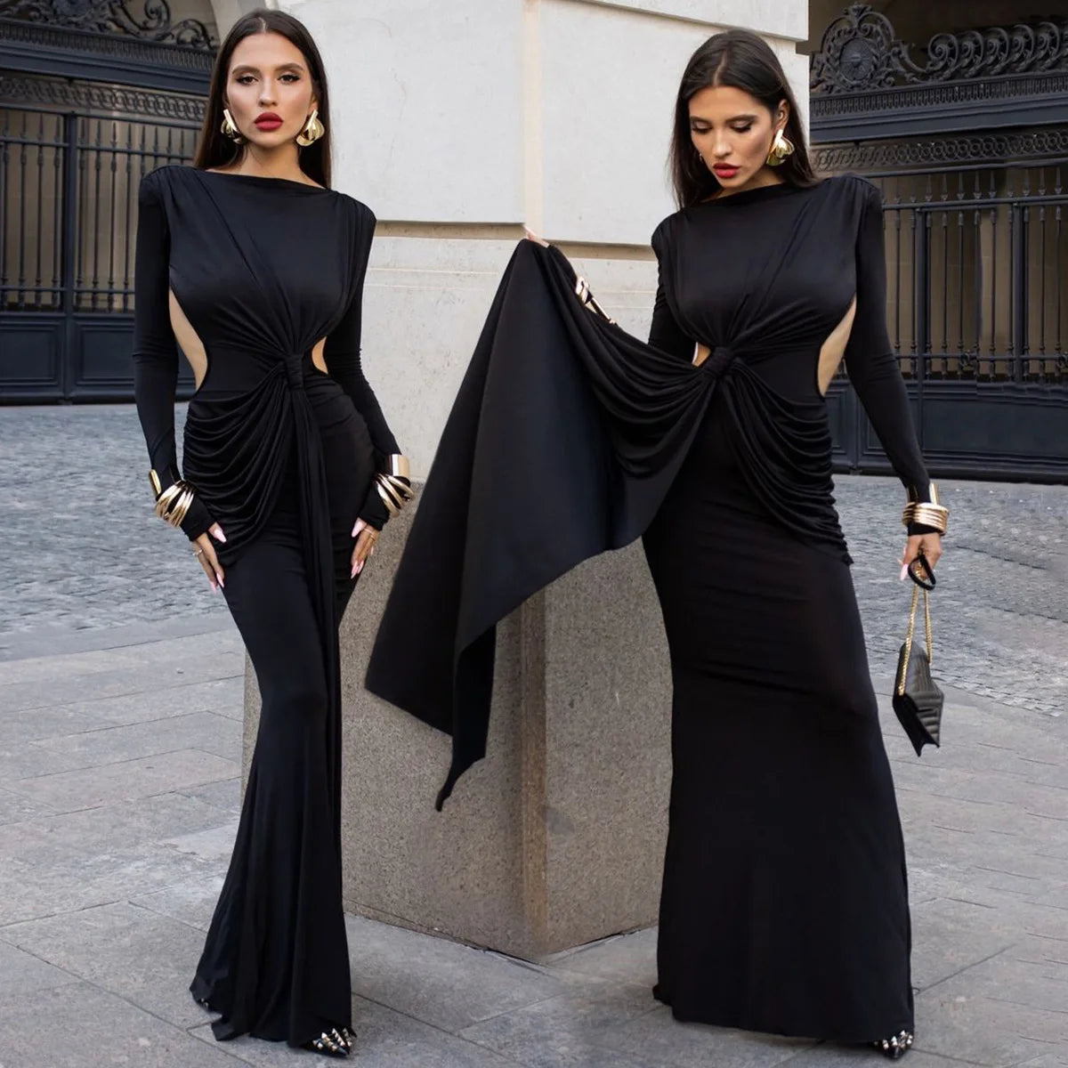 Women's Ruched Cut Out Backless Maxi Long Sleeve Draped Bodycon Dress