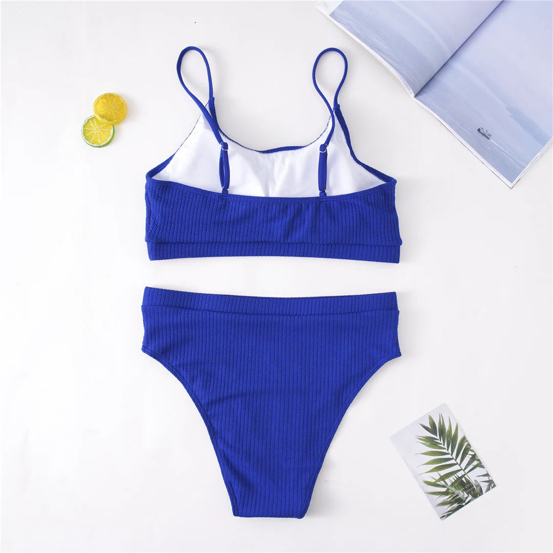 Ribbed Bikini Set - High Waist Two Piece Swimsuit